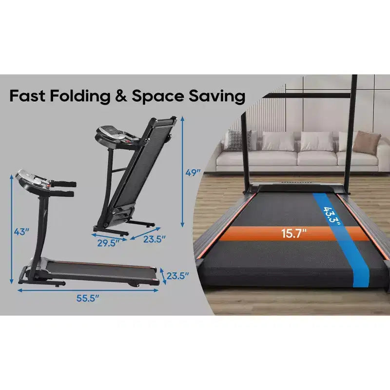 Tapis de course pliable Okak avec capteur de pouls, tapis de course Walking Pad avec moteur sans balais silencieux, 12 programmes prédéfinis, avec inclinaison, noir+argent