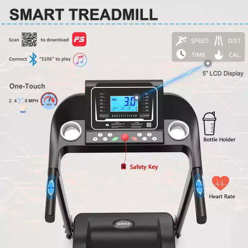 Tapis de course pliable Okak avec inclinaison et écran LCD 5 pouces, tapis de course portable avec musique Bluetooth, tapis de marche pour homme, femme, noir