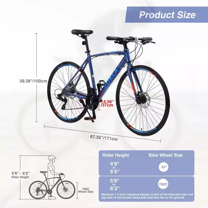 Vélo de route avec transmission 24 vitesses, vélo 700C avec freins à disque, cadre léger en alliage d'aluminium, vélo hybride de route pour hommes et femmes