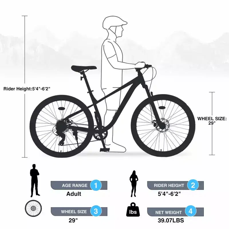 Vélo tout terrain 29 pouces, monovitesse / 8 vitesses, cadre en acier, fourche à suspension avant, vélo à frein à disque pour femmes hommes adultes, multicolore