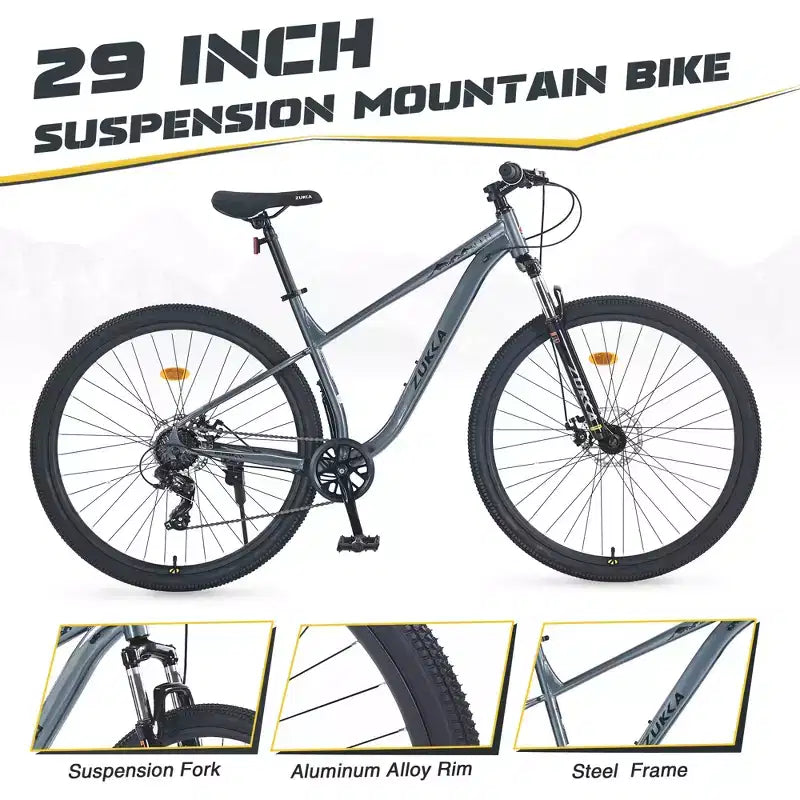 Vélo tout terrain 29 pouces, monovitesse / 8 vitesses, cadre en acier, fourche à suspension avant, vélo à frein à disque pour femmes hommes adultes, multicolore