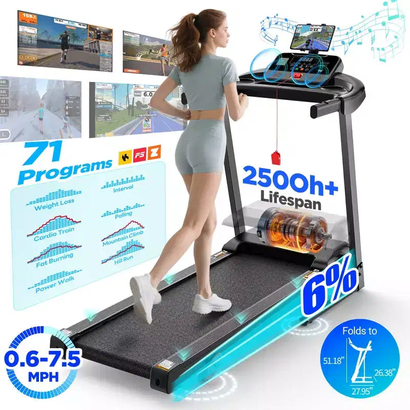 Tapis de course pliable pour la maison, Tapis de course 3,1 CV avec inclinaison de 12 %, Capacité de 159 kg, Machine de course fitness, 0,96-12 km/h,