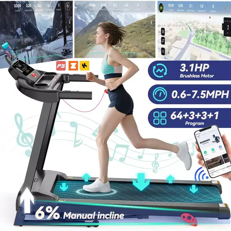 Tapis de course 3,1 CV pour la maison, tapis de course pliable capacité 136 kg, tapis de course avec inclinaison de 6 %, 0,96-12 km/h, 64 programmes préréglés