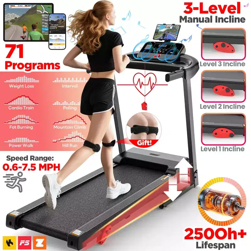 Tapis de course Capacité de 140 kg pour la maison, Tapis de course pliable de 3,1 CV, Tapis de course avec inclinaison de 8 %, 12 km/h, 71 programmes prédéfinis, Absorption des chocs, Contrôle par application