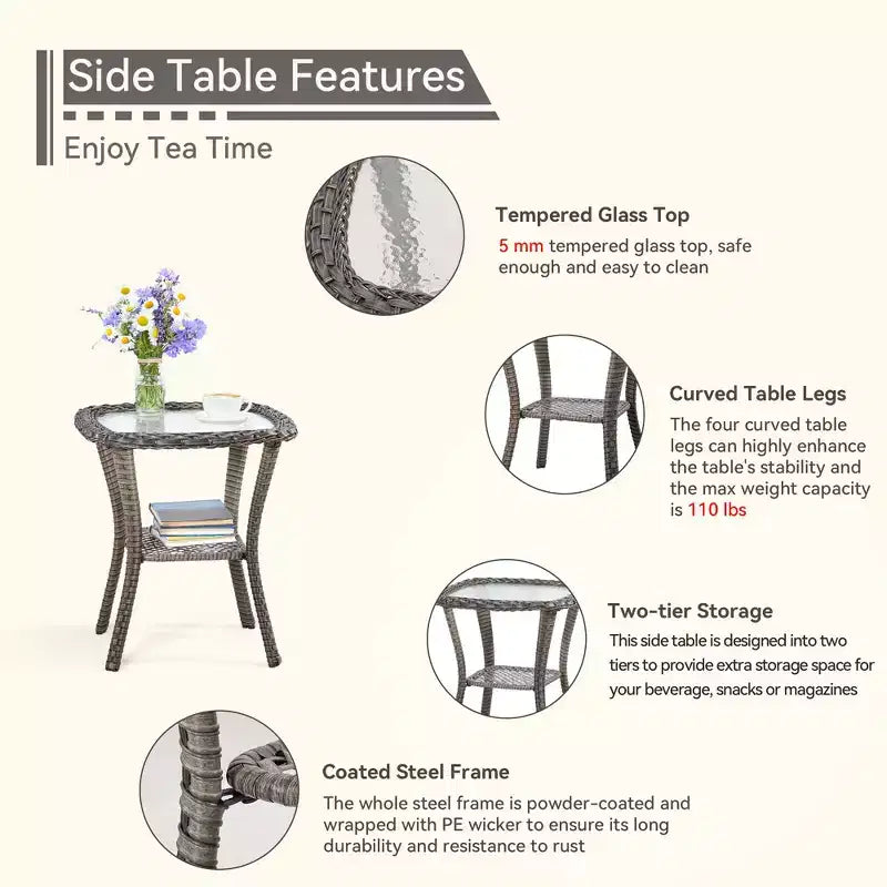 Ensemble de bistrot d'extérieur UPTIOT avec chaises ergonomiques en rotin PE et table d'appoint en verre trempé