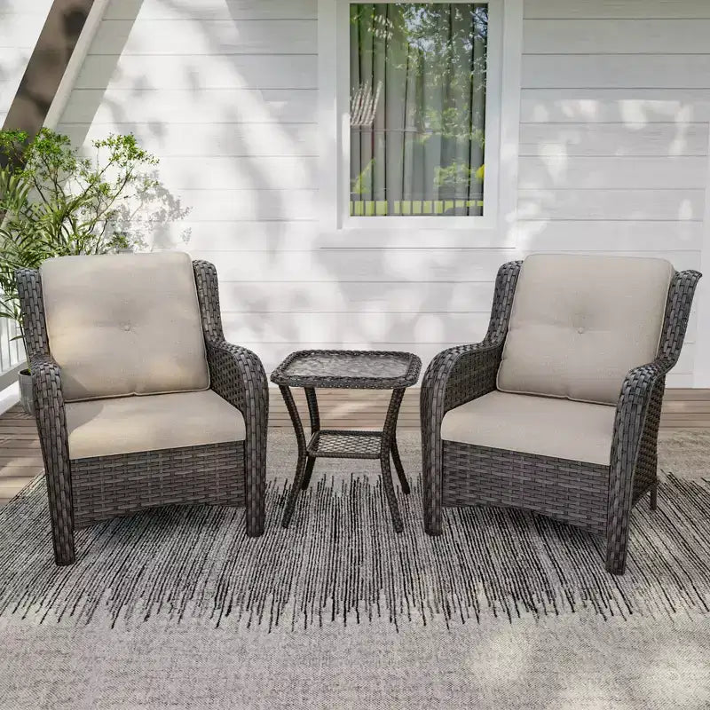 UPTIOT Outdoor Bistro Set with Ergonomic PE Rattan Chairs & Tempered Glass Side Table