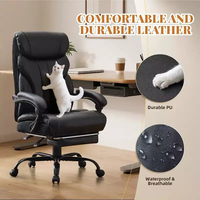 Chaise de bureau ergonomique, chaise de gaming en PU, hauteur réglable, inclinaison de 90 à 135 degrés, dossier, roulettes pivotantes à 360 degrés, capacité de 158 kg pour le bureau