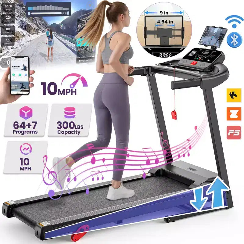 Tapis de course 3CV 136kg avec 64+3+4 programmes, 3 inclinaisons réglables, tapis de course pliable pour la course et le jogging à domicile, vitesse de 16km/h, haut-parleurs Bluetooth HiFi