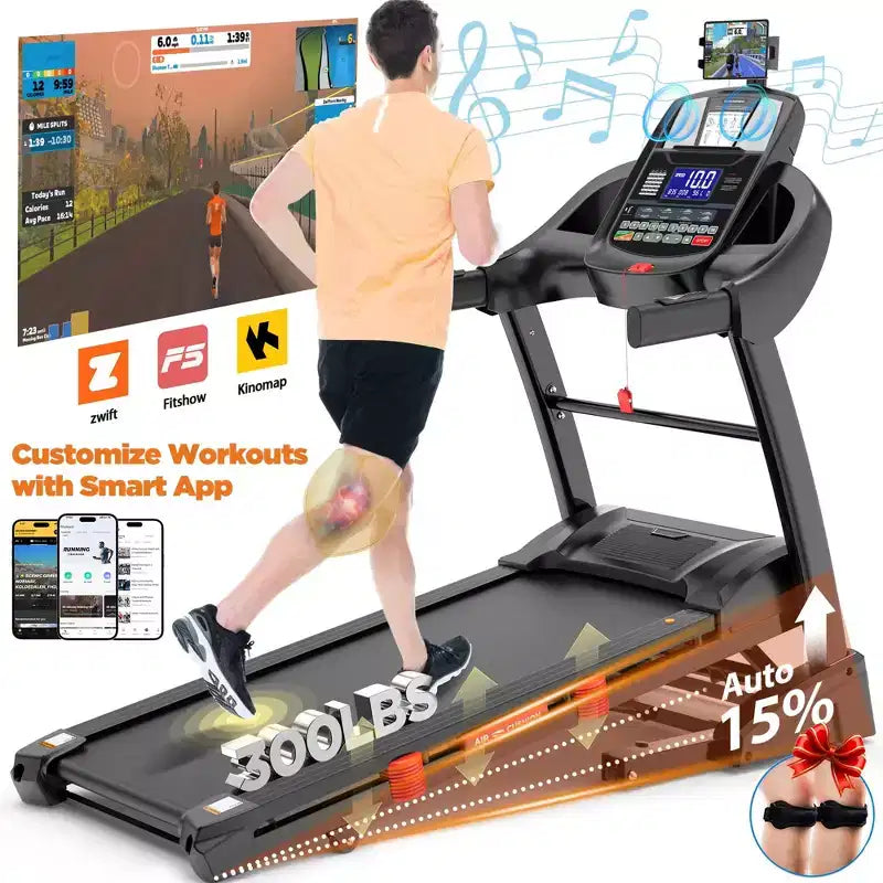 Tapis roulant domestique de 5,0 CV, capacité de 136 kg, pliable, avec inclinaison automatique de 2-0 %, course immersive avec application intelligente, plus de 64+7 programmes d'entraînement, tapis roulant de 19 km/h