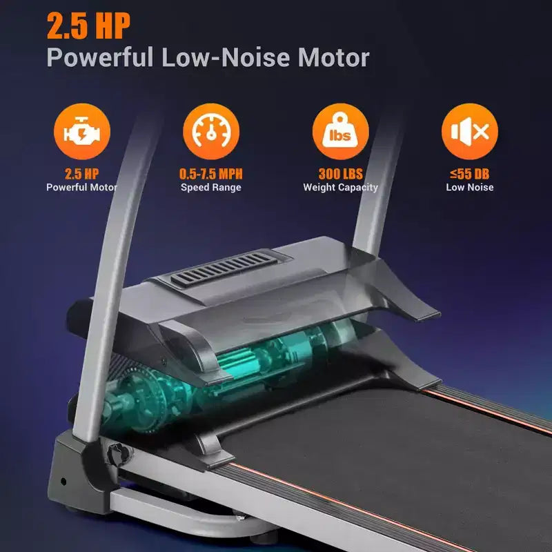 Tapis de course pliable facile pour la maison, machine de course, de jogging et de marche électrique de 2,5 CV avec support d'appareil et capteur de pouls, inclinaison réglable sur 3 niveaux