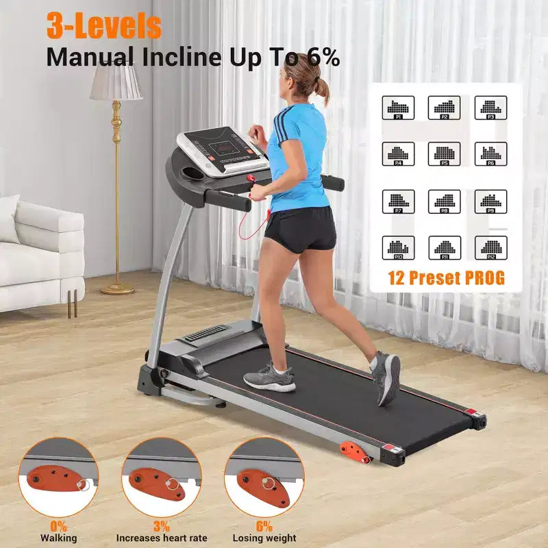 Tapis de course pliable facile pour la maison, machine de course, de jogging et de marche électrique de 2,5 CV avec support d'appareil et capteur de pouls, inclinaison réglable sur 3 niveaux