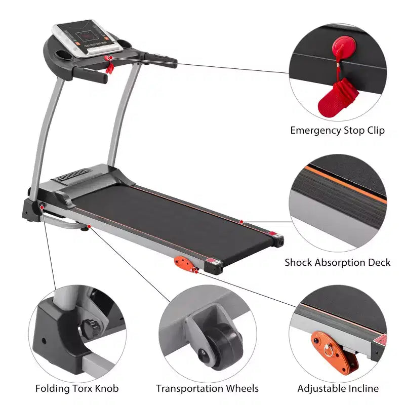 Tapis de course pliable facile pour la maison, machine de course, de jogging et de marche électrique de 2,5 CV avec support d'appareil et capteur de pouls, inclinaison réglable sur 3 niveaux