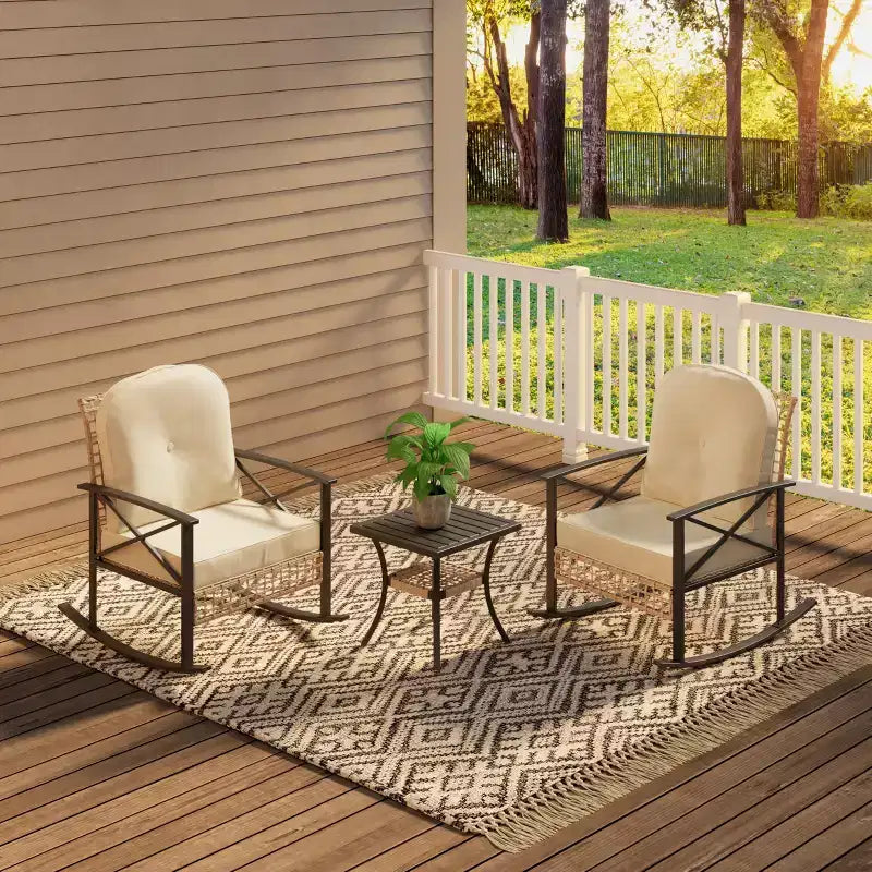 Ensemble bistro à bascule 3 pièces avec 2 chaises rembourrées et table basse, ensemble à bascule de terrasse pour porche, pelouse, piscine ou jardin