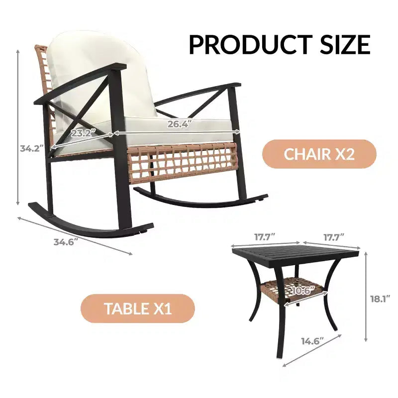 Ensemble bistro à bascule 3 pièces avec 2 chaises rembourrées et table basse, ensemble à bascule de terrasse pour porche, pelouse, piscine ou jardin