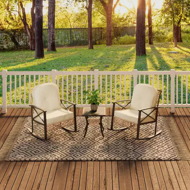 Ensemble bistro à bascule 3 pièces avec 2 chaises rembourrées et table basse, ensemble à bascule de terrasse pour porche, pelouse, piscine ou jardin