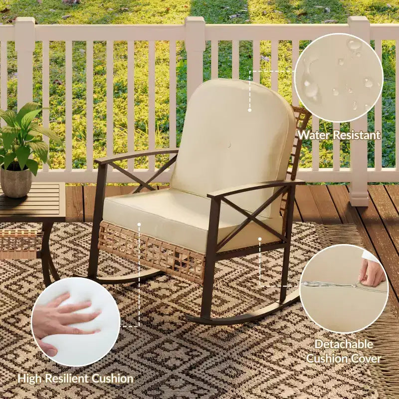 Ensemble bistro à bascule 3 pièces avec 2 chaises rembourrées et table basse, ensemble à bascule de terrasse pour porche, pelouse, piscine ou jardin