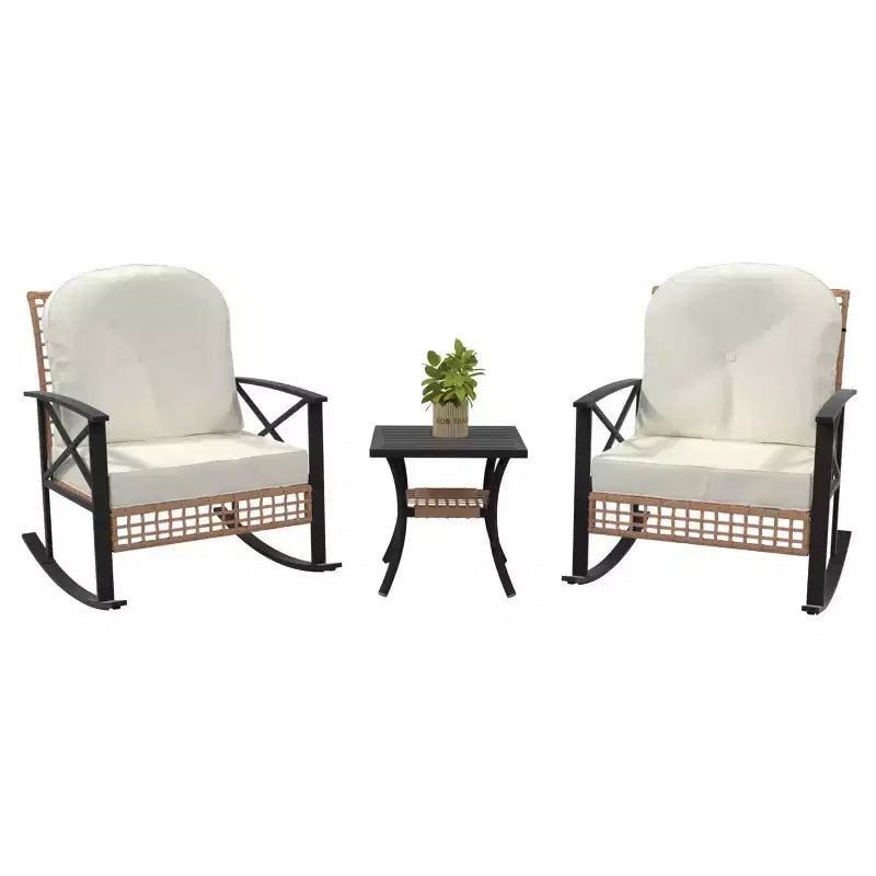 Ensemble de bistrot à bascule 3 pièces avec 2 chaises coussinées et table basse, ensemble de patio à bascule extérieur pour porche, pelouse, piscine ou jardin
