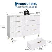 Commode 8 tiroirs pour chambre à coucher, commode en bois de 55W avec pieds en métal, organisateur de rangement de vêtements, commode de placard et meuble TV pour couloir