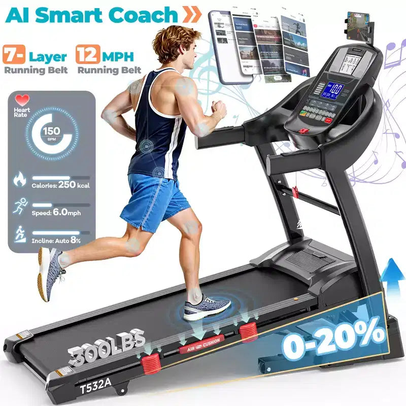 Tapis de course pliable 5.0 CV avec inclinaison automatique de 20 %, capacité de 136 kg, contrôle via application intelligente, machine de course portable pour la maison