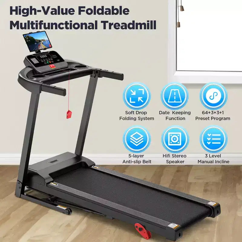 Tapis de course en solde, Tapis de course pliable en liquidation pour la maison avec inclinaison réglable, vitesse de 12 km/h, tapis de course pliable compact de 3,0 CV