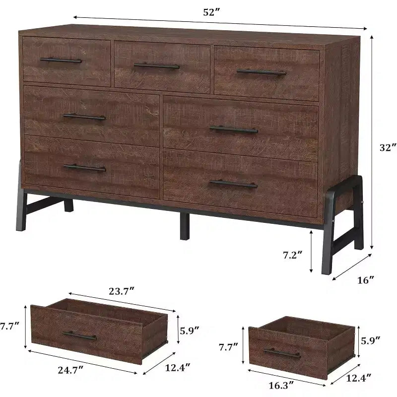 Commode 7 tiroirs, meuble de rangement en bois 52" de large avec tiroirs profonds pour chambre, salon ou entrée, compatible aspirateur robot