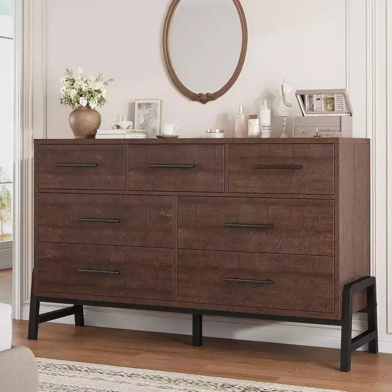 Commode 7 tiroirs, meuble de rangement en bois 52" de large avec tiroirs profonds pour chambre, salon ou entrée, compatible aspirateur robot