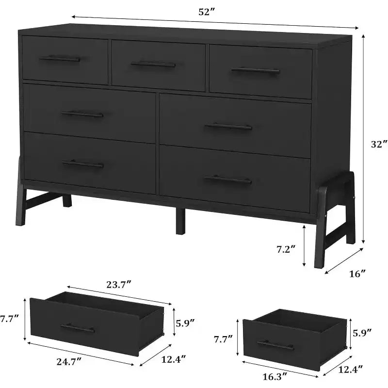 Commode 7 tiroirs, meuble de rangement en bois 52" de large avec tiroirs profonds pour chambre, salon ou entrée, compatible aspirateur robot
