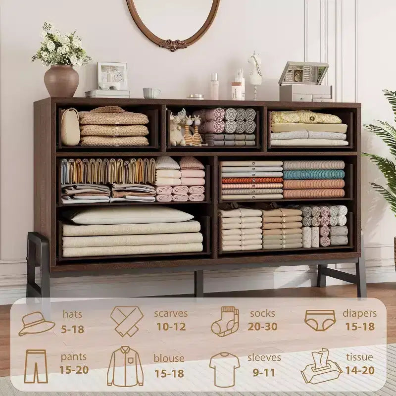 Commode 7 tiroirs, meuble de rangement en bois 52" de large avec tiroirs profonds pour chambre, salon ou entrée, compatible aspirateur robot
