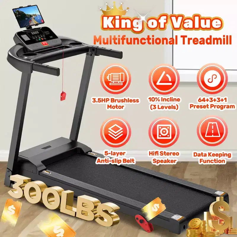 Tapis roulant 3,5 CV pour la maison, tapis de course pliable capacité 136 kg avec plus de 64+7 entraînements, application avec cours gratuits, deux haut-parleurs HiFi, tapis de course pour la marche et la course