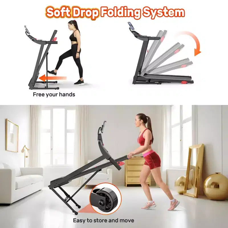 Tapis roulant 3,5 CV pour la maison, tapis de course pliable capacité 136 kg avec plus de 64+7 entraînements, application avec cours gratuits, deux haut-parleurs HiFi, tapis de course pour la marche et la course