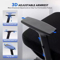 Chaise de bureau ergonomique à dossier haut, chaise de jeu en maille respirante avec support lombaire réglable et accoudoirs 3D