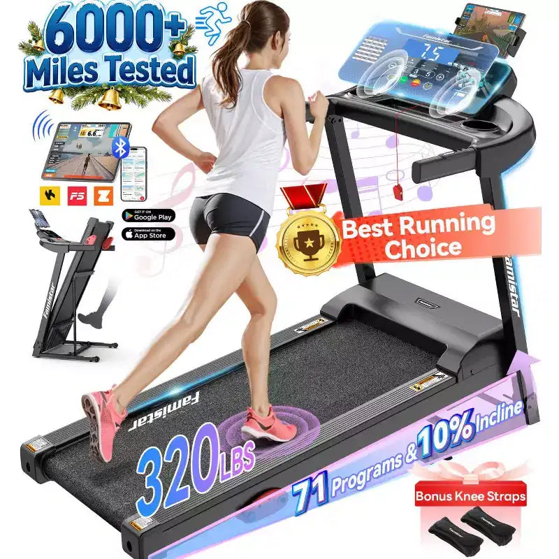 Tapis de course pour la maison, tapis de course pliable portable avec inclinaison réglable, contrôle par application, 64 programmes, capacité de 136 kg, 12 km/h, course, marche, jogging