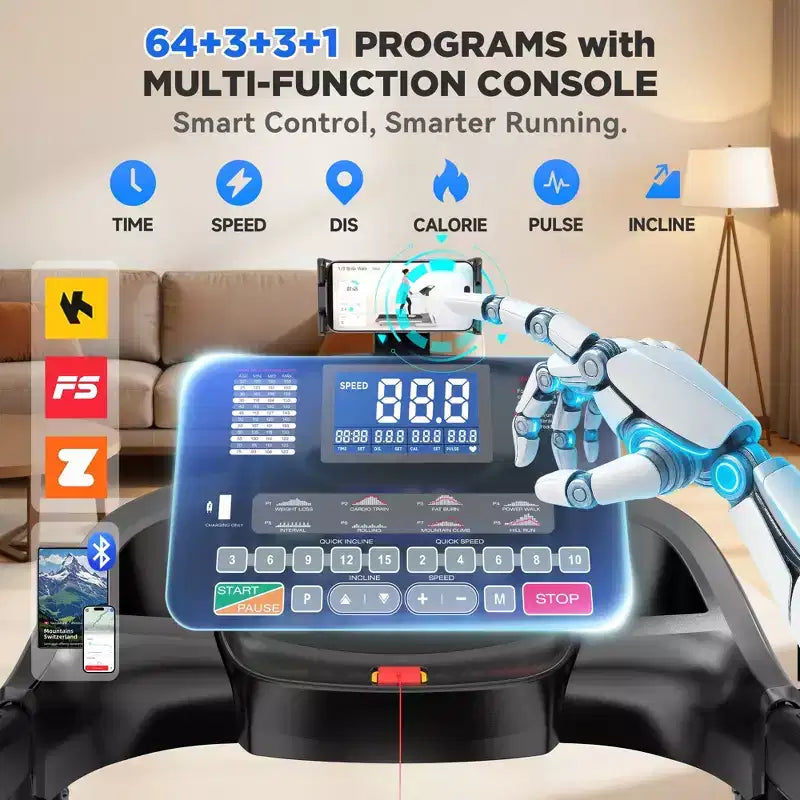 Tapis de course pliable 5.0 CV pour la maison avec 20 inclinaisons automatiques, application intelligente, 136 kg, haut-parleurs Bluetooth HiFi, 64 programmes, vitesse 19 km/h, tapis de course pliable