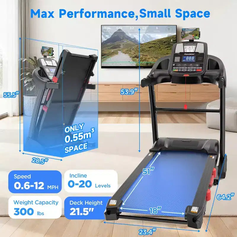 Tapis de course pliable 5.0 CV pour la maison avec 20 inclinaisons automatiques, application intelligente, 136 kg, haut-parleurs Bluetooth HiFi, 64 programmes, vitesse 19 km/h, tapis de course pliable