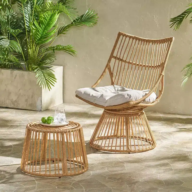 Ensemble de 2 pièces pour patio extérieur, table d'appoint et fauteuil club rembourré, salon de conversation en rotin étanche, ensemble de bistro extérieur