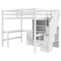 Lit mezzanine Clihome double avec bureau en L et tiroirs, armoire et escalier de rangement