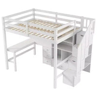 Lit mezzanine Clihome double avec bureau en L et tiroirs, armoire et escalier de rangement