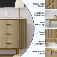 Commode 6 tiroirs cannelés, commode en bois moderne du milieu du siècle de 120 cm de large avec profil incurvé et poignées dorées pour chambre à coucher ou dressing