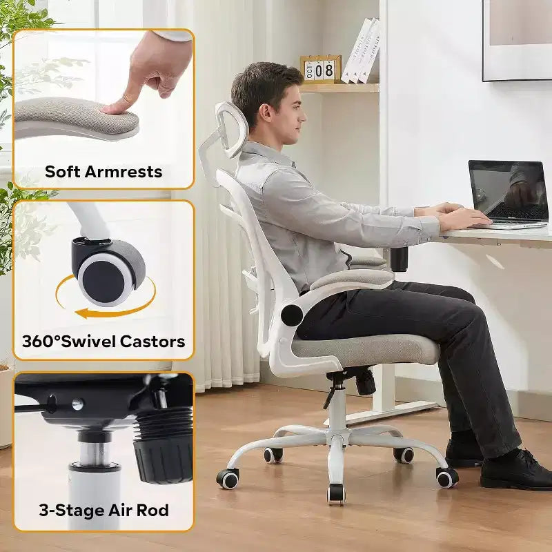 Chaise de bureau ergonomique, chaise de bureau d'ordinateur confortable avec accoudoirs relevables, soutien lombaire confortable, chaises gaming pour chambre, étude, étudiant, large assise