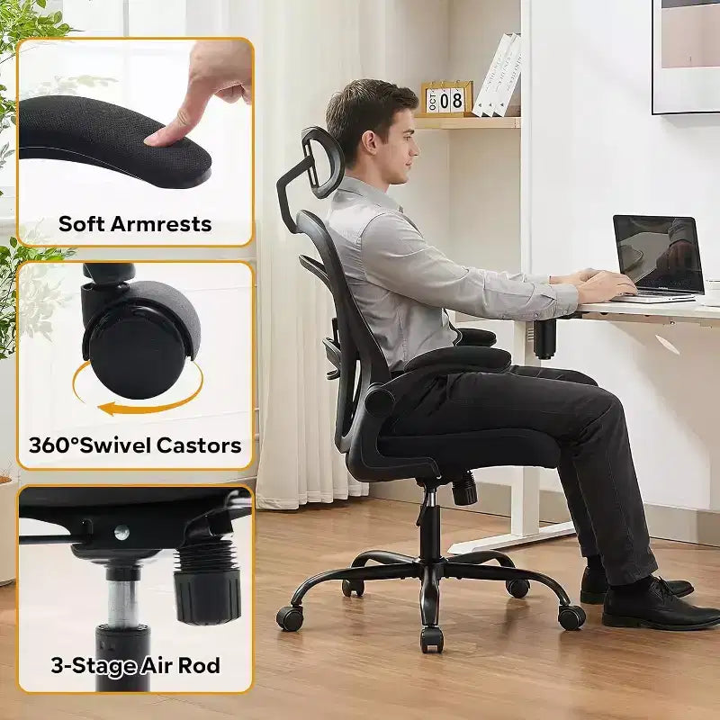 Chaise de bureau ergonomique, chaise de bureau d'ordinateur confortable avec accoudoirs relevables, soutien lombaire confortable, chaises gaming pour chambre, étude, étudiant, large assise
