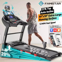 Tapis roulant pliable Famistar 4.5HP en promotion pour la maison avec inclinaison automatique à 20 niveaux, capacité de 136 kg, commandes de vitesse 19 km/h, contrôle via application, nouvelle version, noir