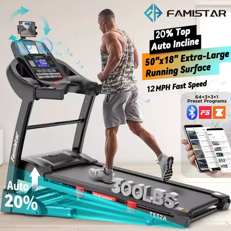 Tapis roulant pliable Famistar 4.5HP en promotion pour la maison avec inclinaison automatique à 20 niveaux, capacité de 136 kg, commandes de vitesse 19 km/h, contrôle via application, nouvelle version, noir