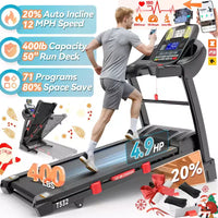Tapis de course avec inclinaison automatique de 20 % pour la maison, capacité de 136-181 kg, tapis de course pliable pour la marche et la course, vitesse maximale de 19 km/h, 71 programmes, Bluetooth