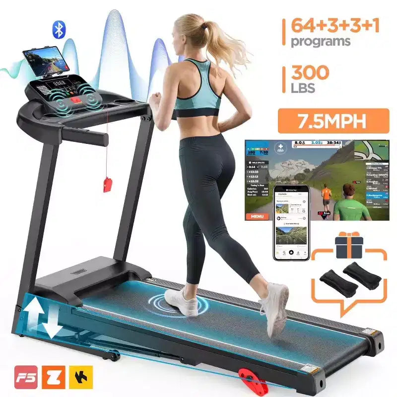 Tapis de course pliable 3 CV avec inclinaison en promotion, assemblage facile, écran LCD 5", 64 programmes prédéfinis, Bluetooth, design compact pour la maison