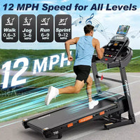 Tapis de course pliable intelligent avec suivi des pas, inclinaison automatique à 20 niveaux, 0,6 à 12 mph, double moteur silencieux, écran LED pour usage domestique