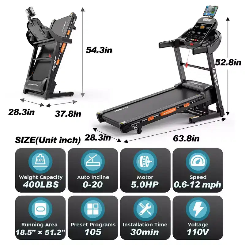 Tapis de course pliable intelligent avec suivi des pas, inclinaison automatique à 20 niveaux, 0,6 à 12 mph, double moteur silencieux, écran LED pour usage domestique