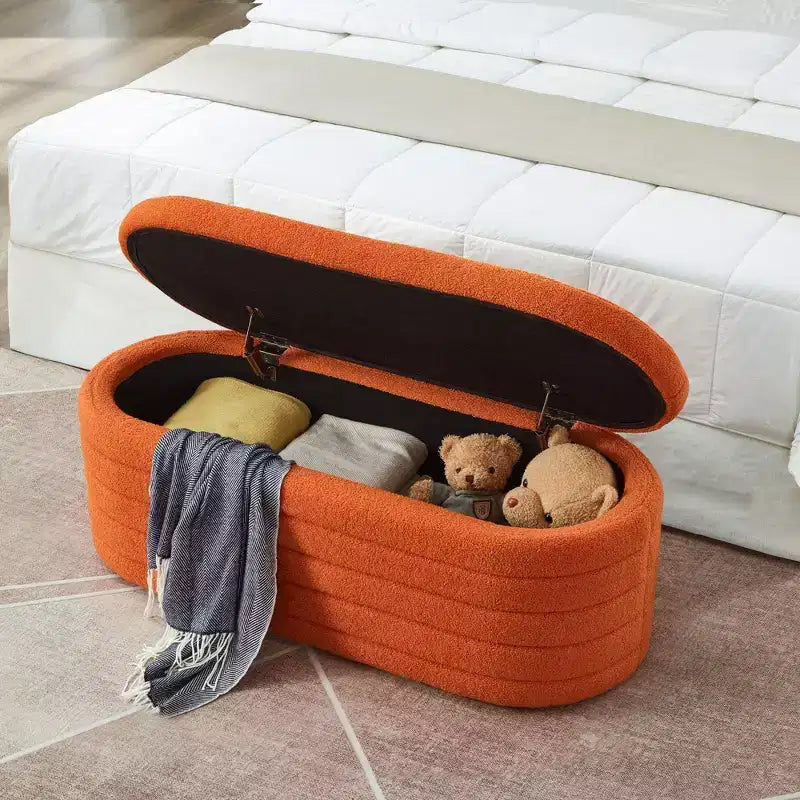 Banc ottoman de rangement ovale moderne Okak avec charnière de sécurité, banc rembourré pour entrée, banc de bout de lit pour salon, entrée