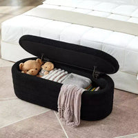 Banc ottoman de rangement ovale moderne Okak avec charnière de sécurité, banc rembourré pour entrée, banc de bout de lit pour salon, entrée