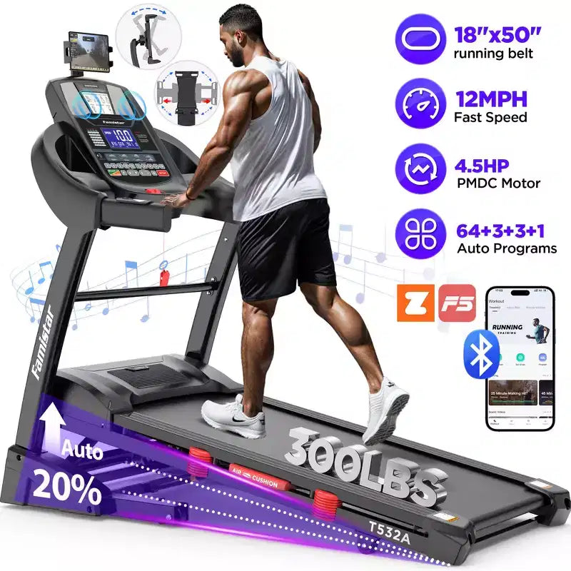 Déstockage Tapis de Course : Tapis de Course Électrique Portable avec Poignées, Inclinaison Automatique 20%, Moteur 4.5 CV, Application Bluetooth pour Maison/Bureau, Machine de Marche et Course