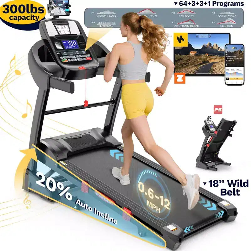Tapis roulant pour la maison, inclinaison automatique de 20 %, vitesse de 19 km/h, LED, capacité de 136 kg, haut-parleur Bluetooth, tapis de course de 4,75 CV pour la course, le jogging et la marche à domicile et au bureau